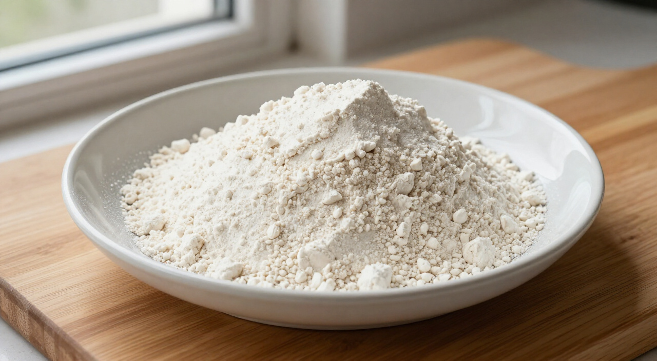 all-purpose flour in a shallow saucer on a wooden cutting board