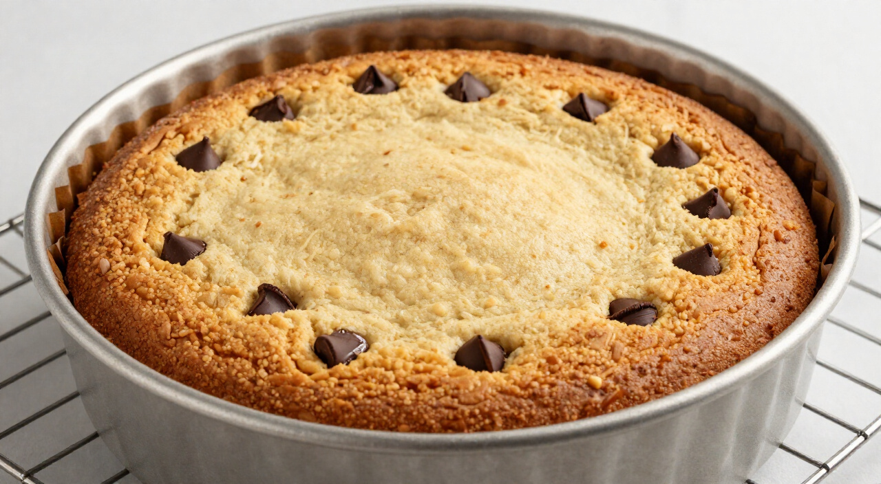baked cookie cake with golden-brown edges and a soft pale center cooling on a wire rack