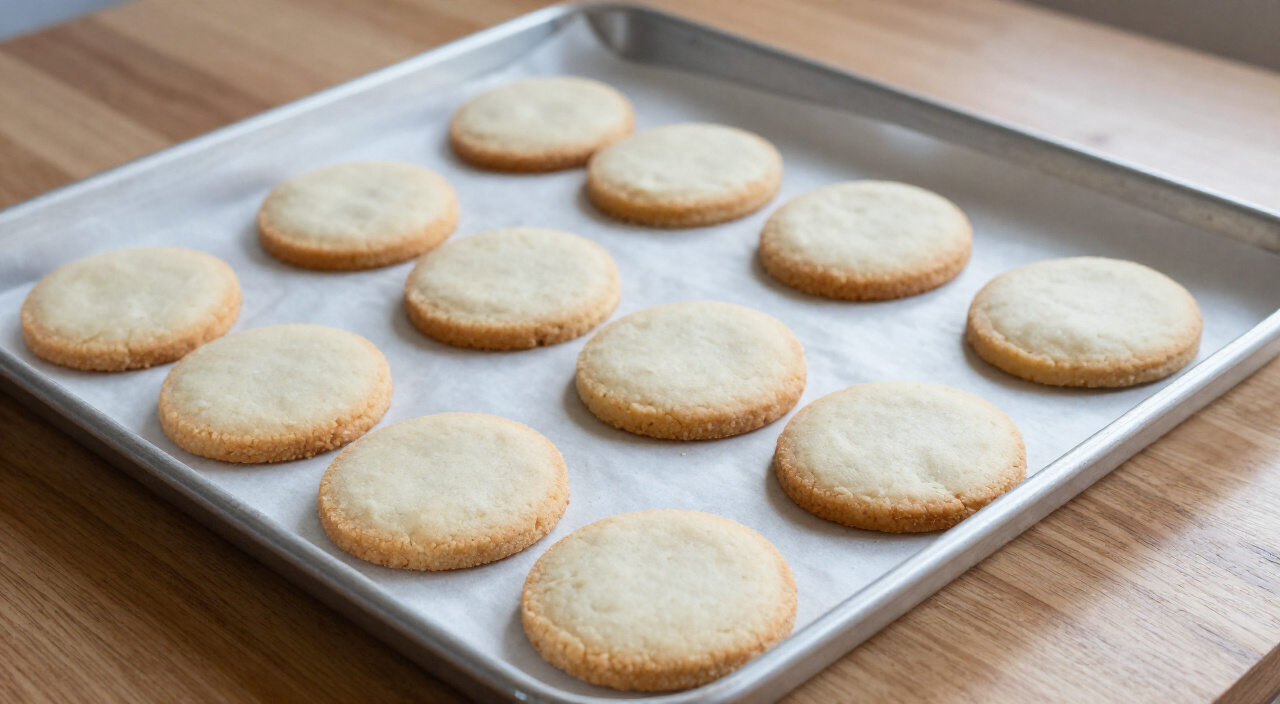 Baked shortbread cookies with pale golden edges on a parchment-lined baking sheet
