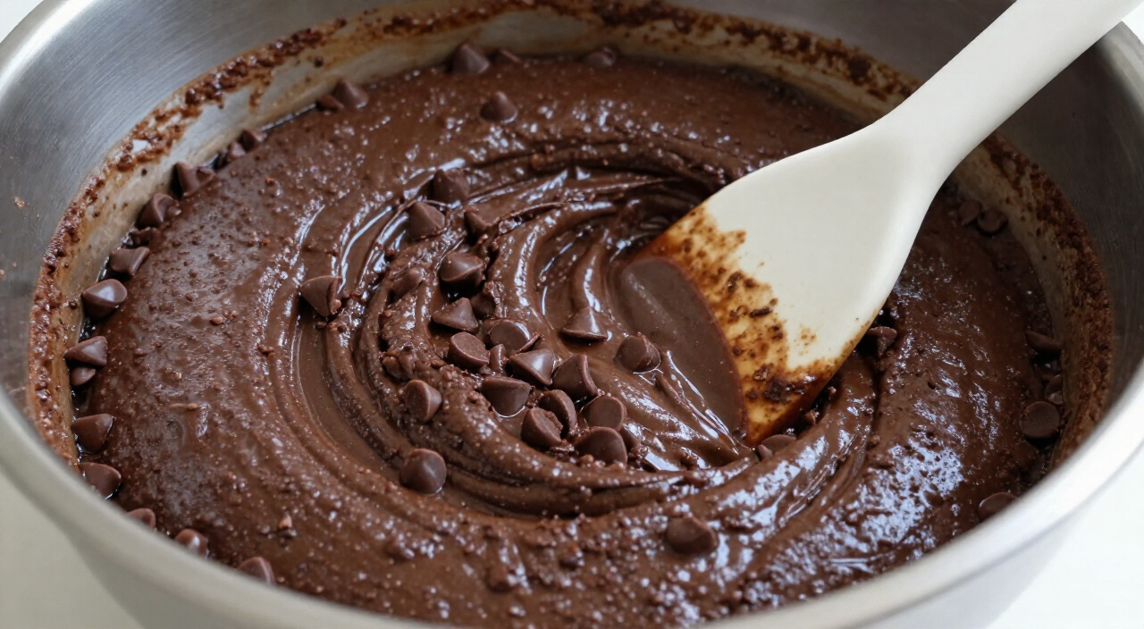 brownie batter with chocolate chips folded through in a mixing bowl
