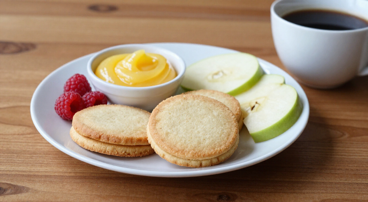 Buttery shortbread cookies plated with raspberries, lemon curd, green apple slices and black coffee