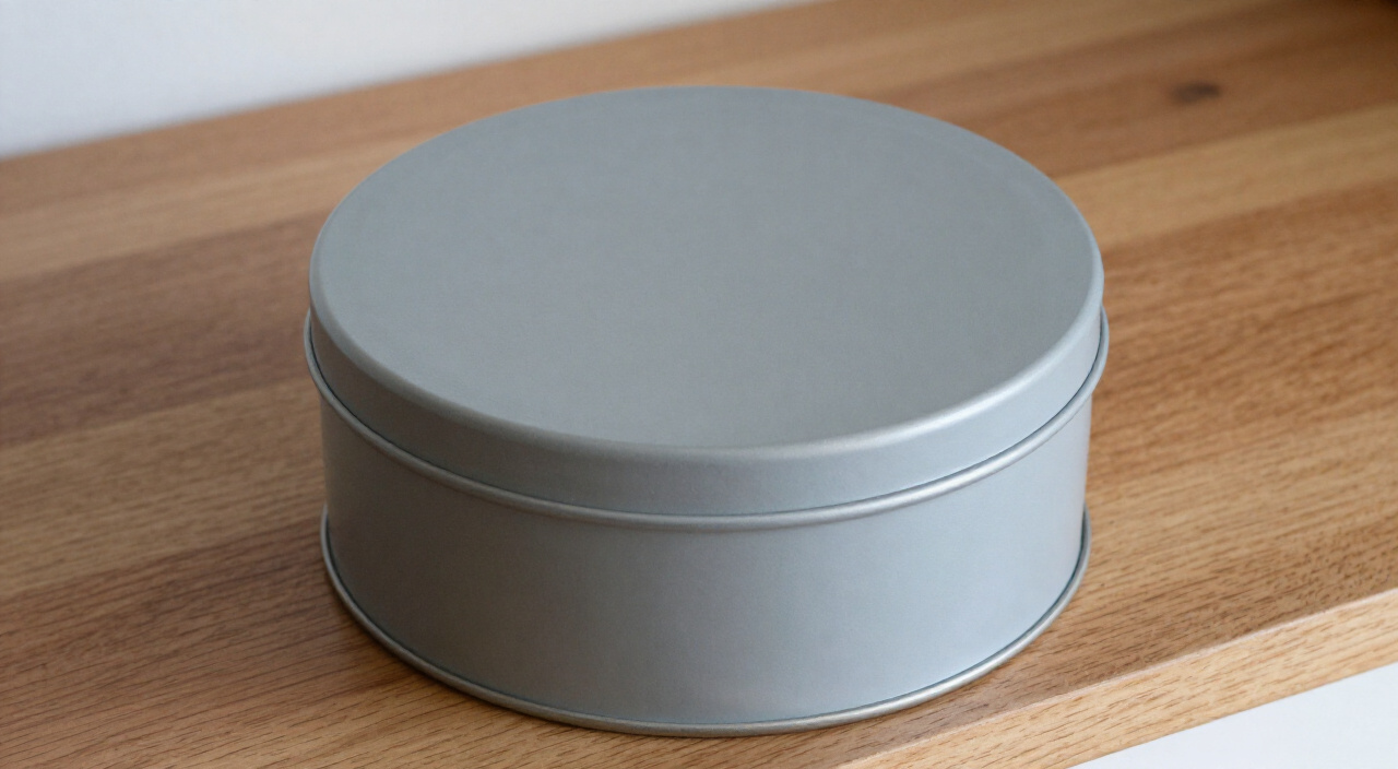 Closed round metal cookie tin with a matching lid on a wooden counter