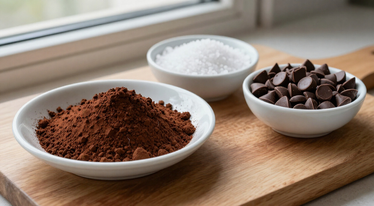 Cocoa powder, kosher salt and semisweet chocolate chips on a wooden cutting board