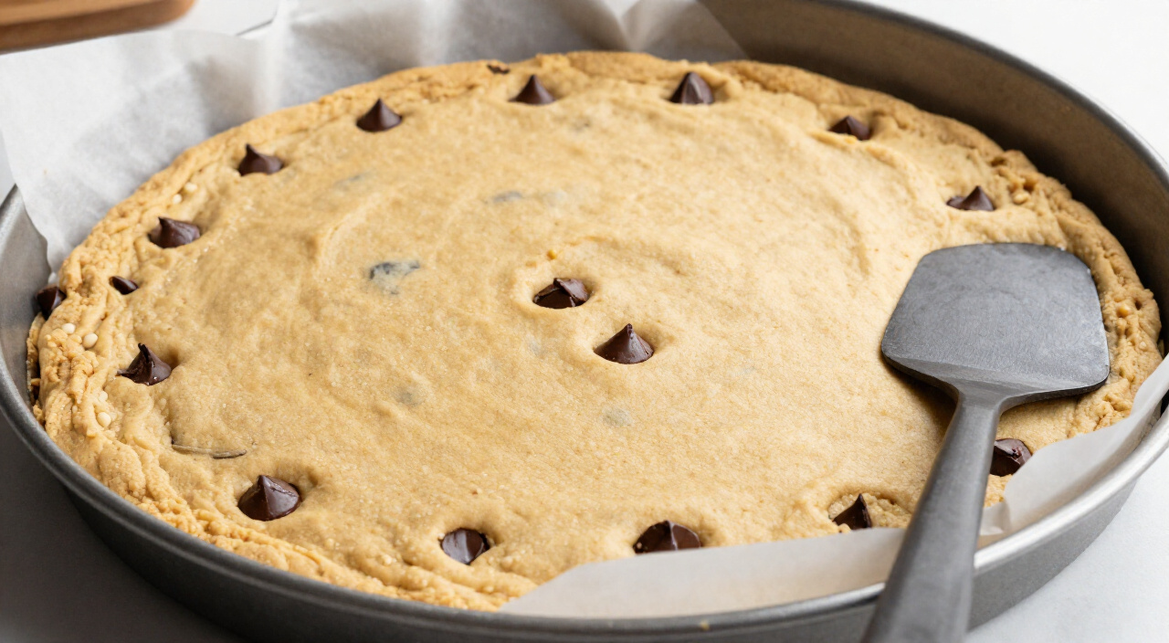 cookie cake dough pressed flat into a parchment-lined round pan