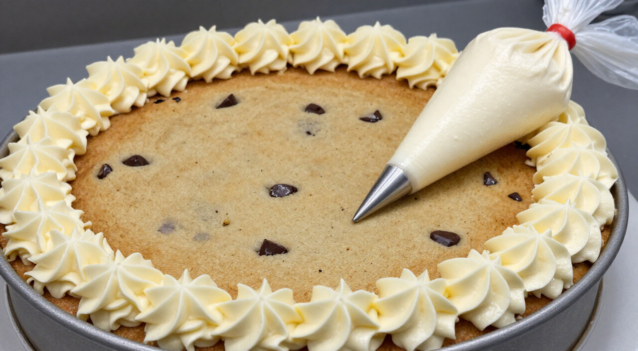 cookie cake with a piped ivory buttercream border and piping bag