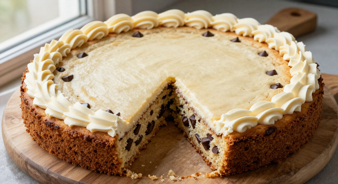 Chewy Chocolate Chip Cookie Cake Recipe with Buttercream Border