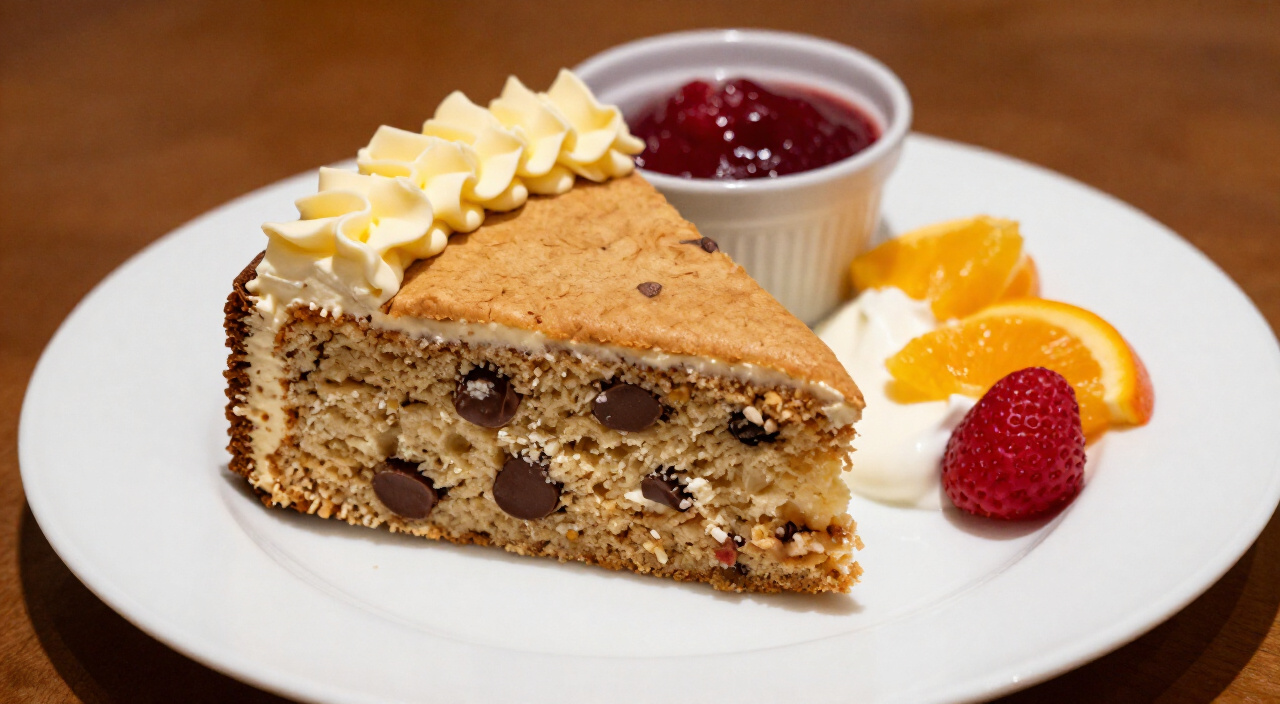 Cookie cake slice plated with lemon strawberries, lemon yogurt, citrus segments and raspberry sorbet