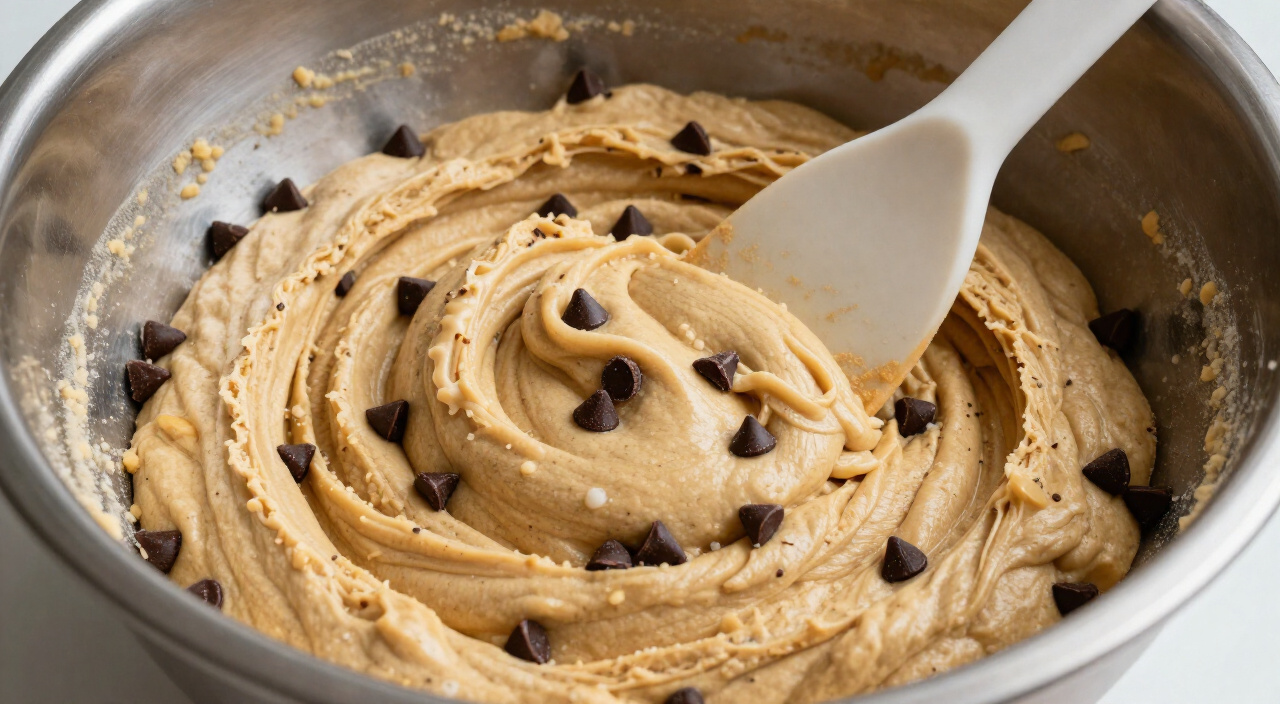 cookie dough with chocolate chips folded in, spatula on the bowl