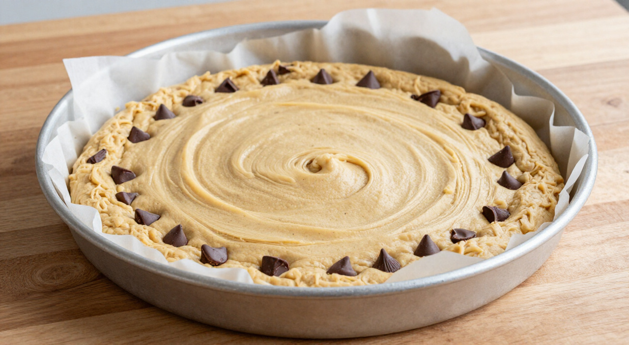 cookie dough pressed flat into a parchment-lined 12-inch round pan