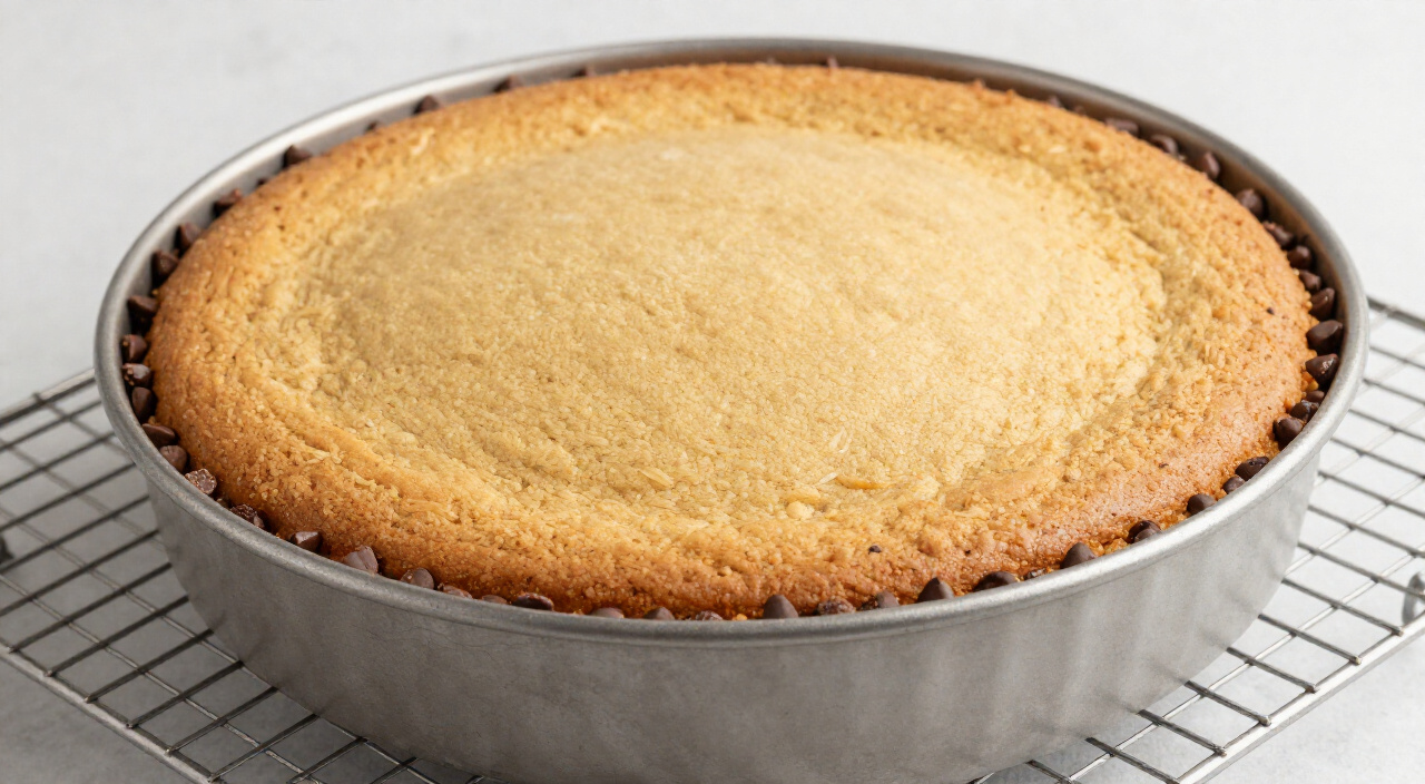 cooled cookie cake in its pan on a wire rack