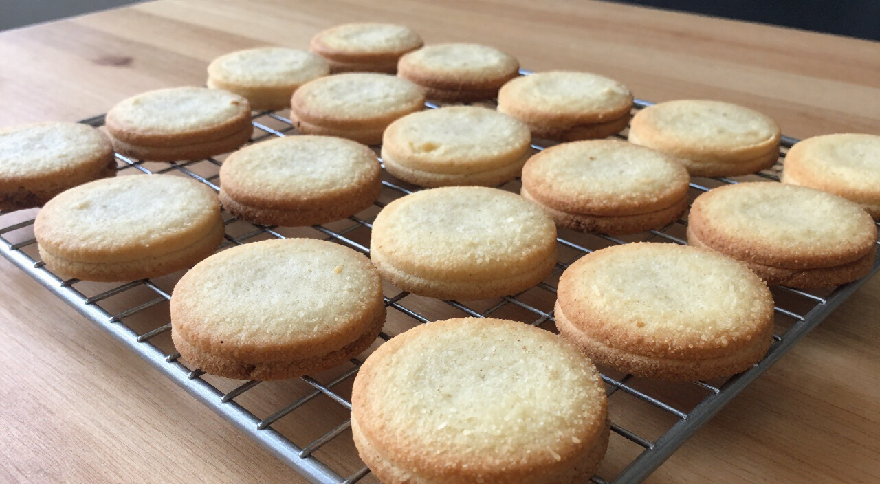 Cooled shortbread cookies in rows on a wire cooling rack