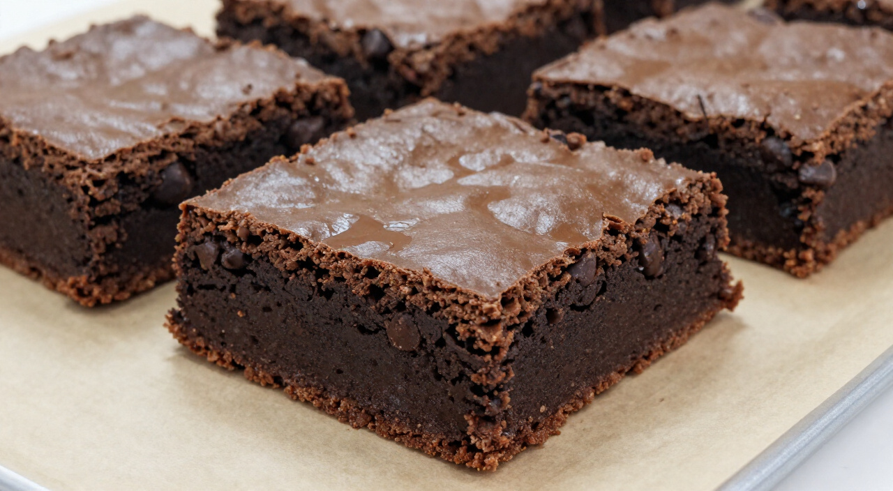 cut fudgy sweet potato brownie square with a crackly top and chocolate chip pockets