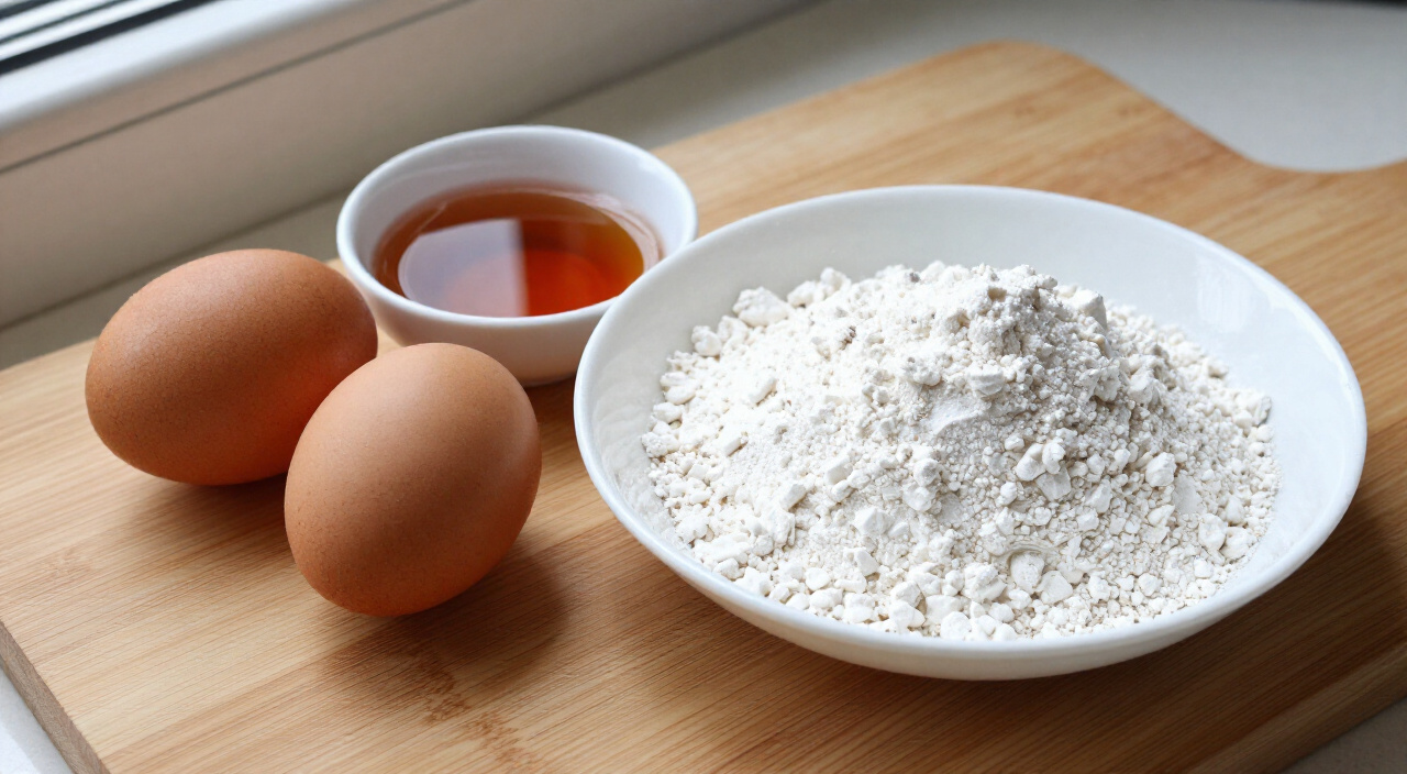 Eggs, vanilla extract and all-purpose flour on a wooden cutting board