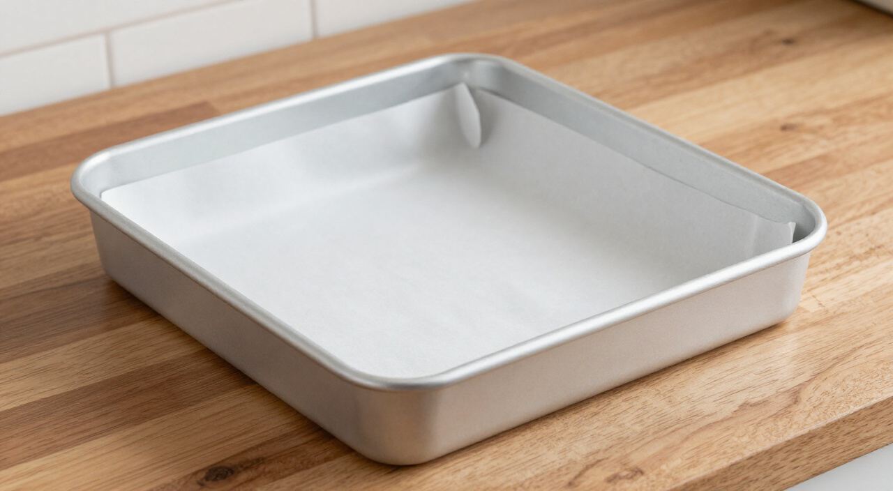 empty square metal baking pan lined with parchment paper with overhanging flaps