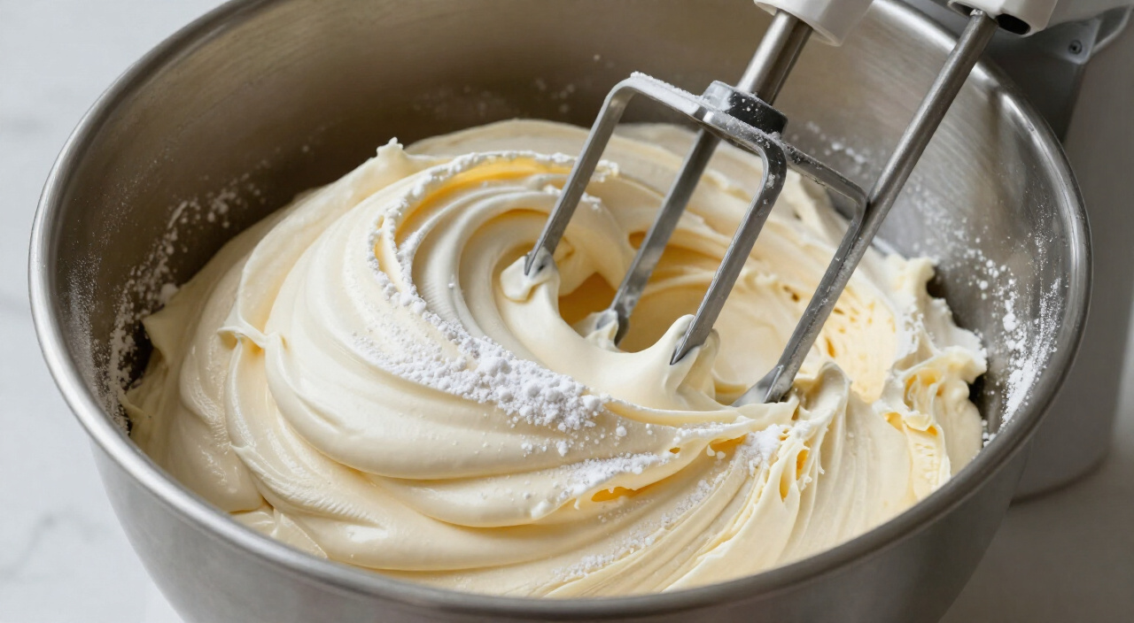 Fluffy butter and powdered sugar mixture in a stainless steel mixer bowl