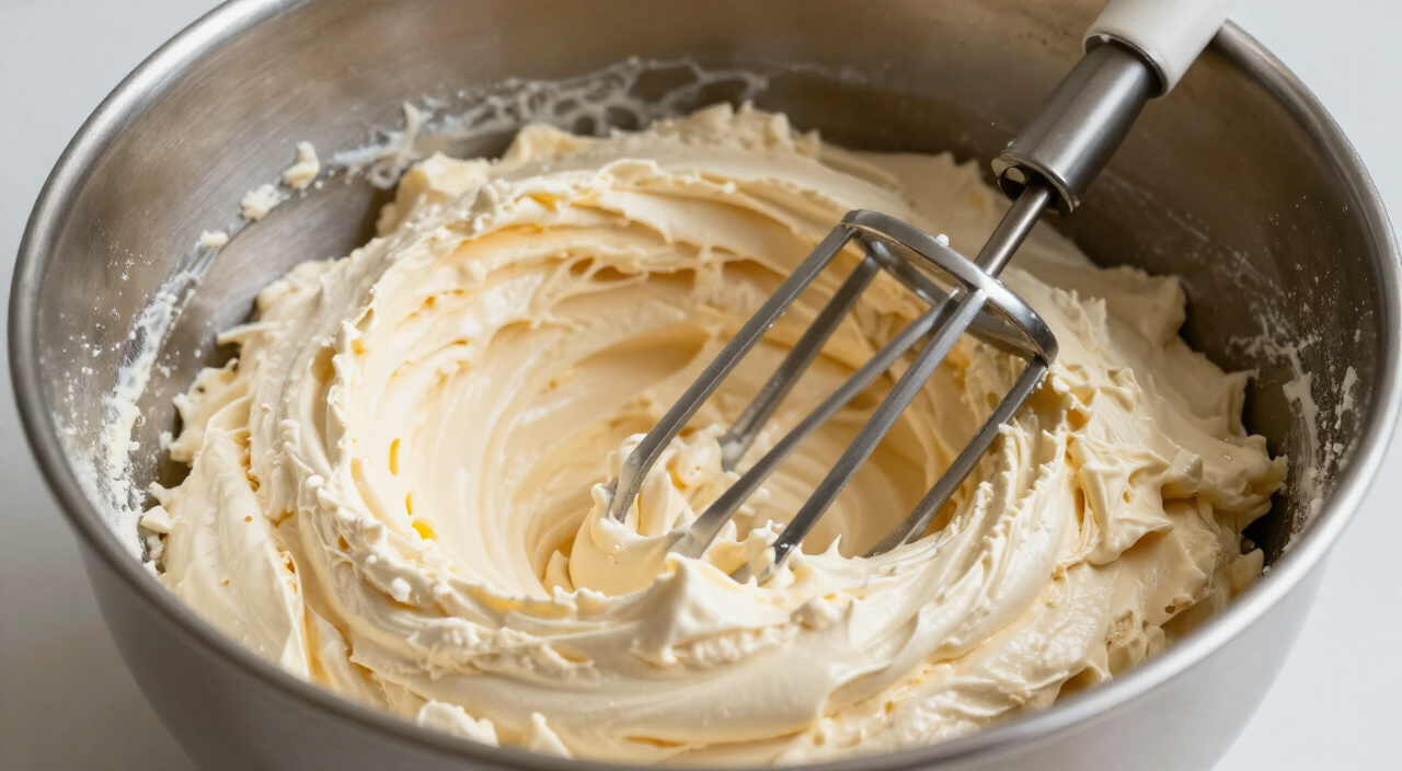 fluffy creamed butter and sugar in a mixing bowl with a beater