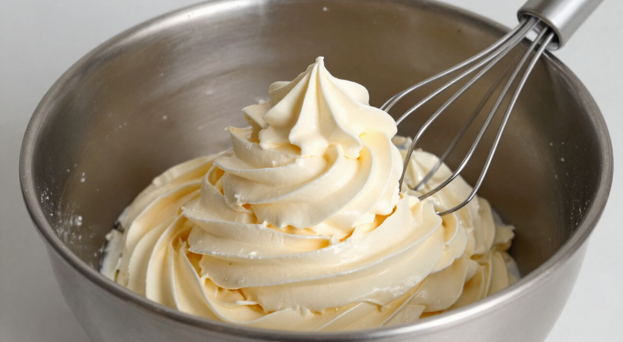 fluffy ivory buttercream with stiff peaks in a mixing bowl