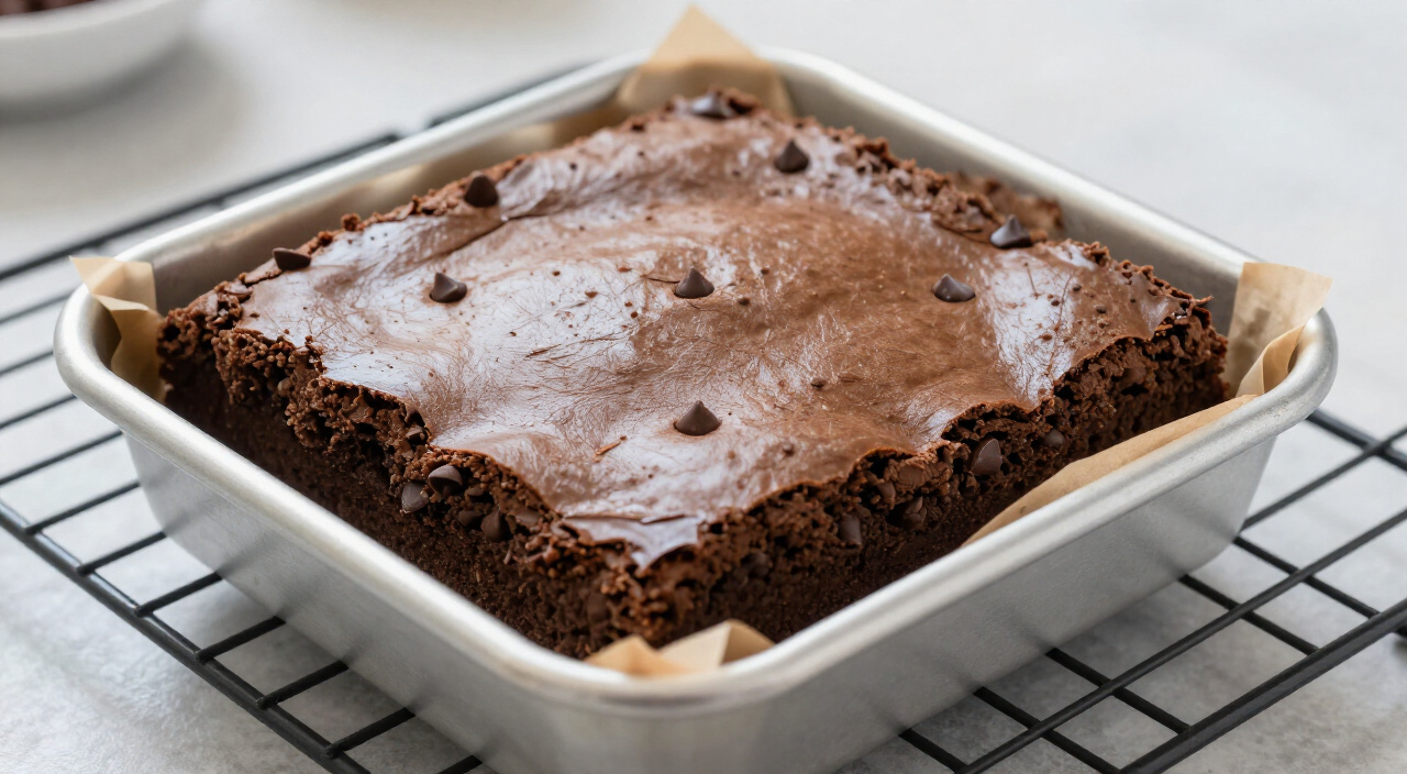 freshly baked sweet potato brownies with a shiny crackly top in a square pan