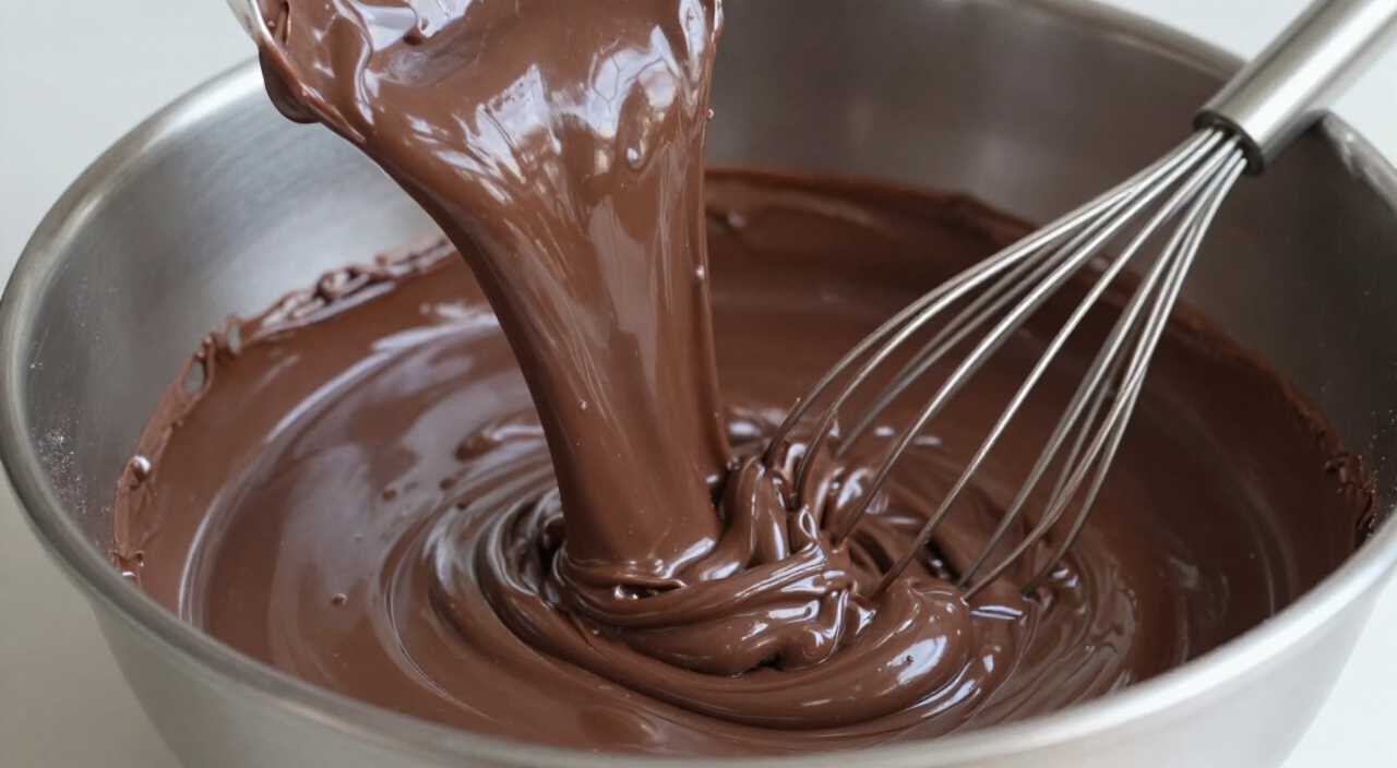 glossy chocolate brownie mixture in a mixing bowl with a whisk