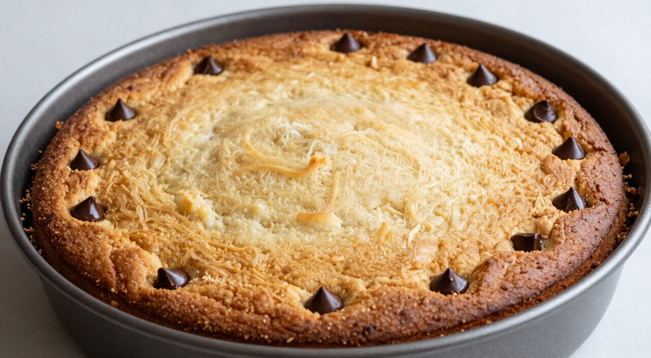 golden-brown baked cookie cake in a round pan