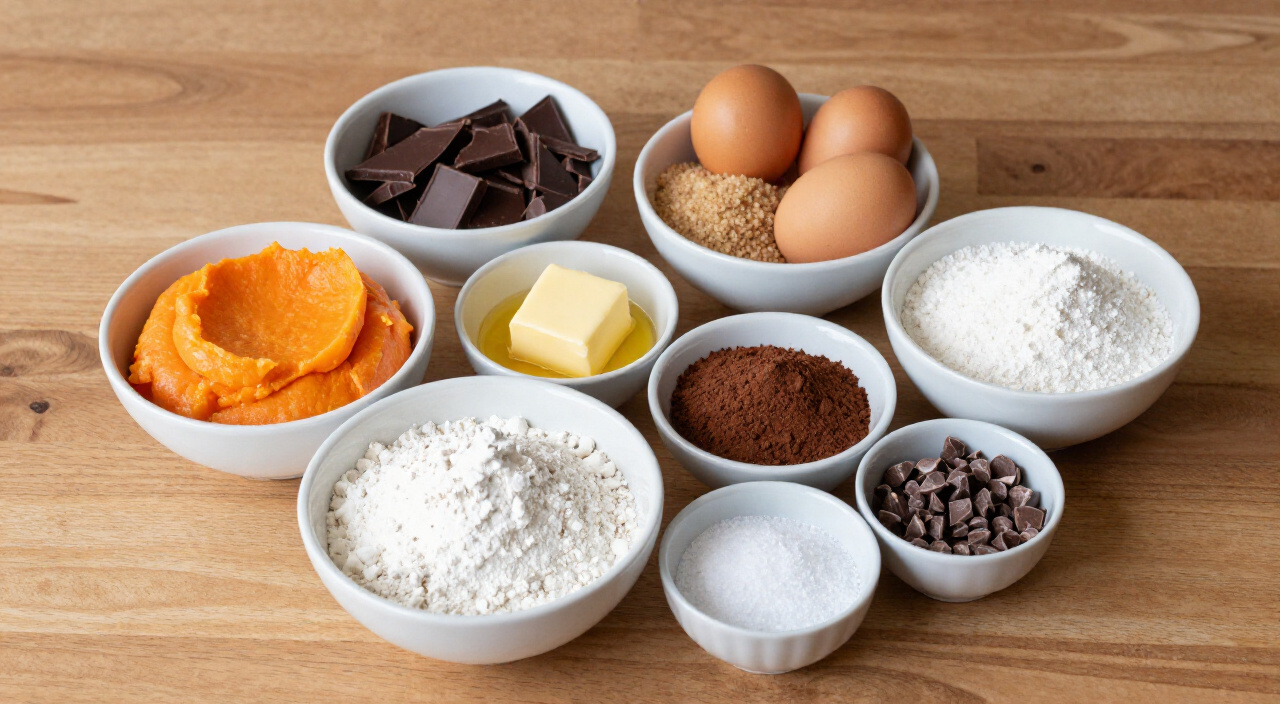 ingredients for sweet potato brownies measured into small bowls on a wooden counter