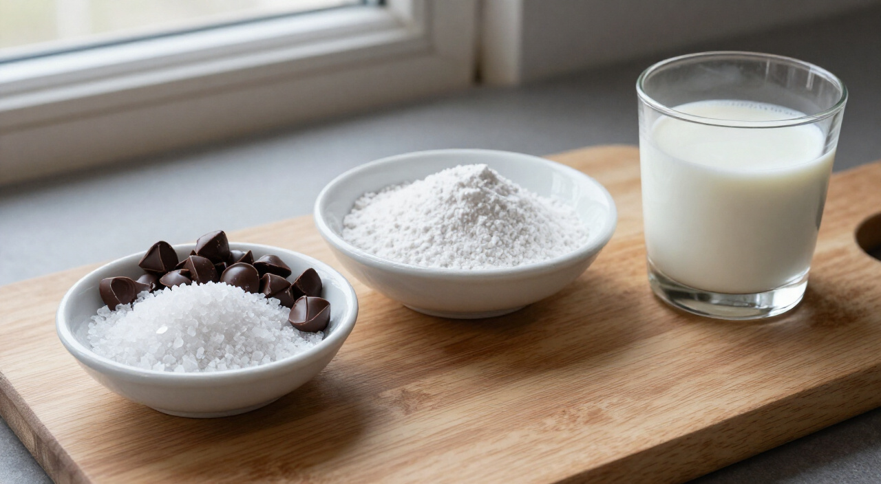 Kosher salt, semisweet chocolate chips, powdered sugar and whole milk on a wooden cutting board