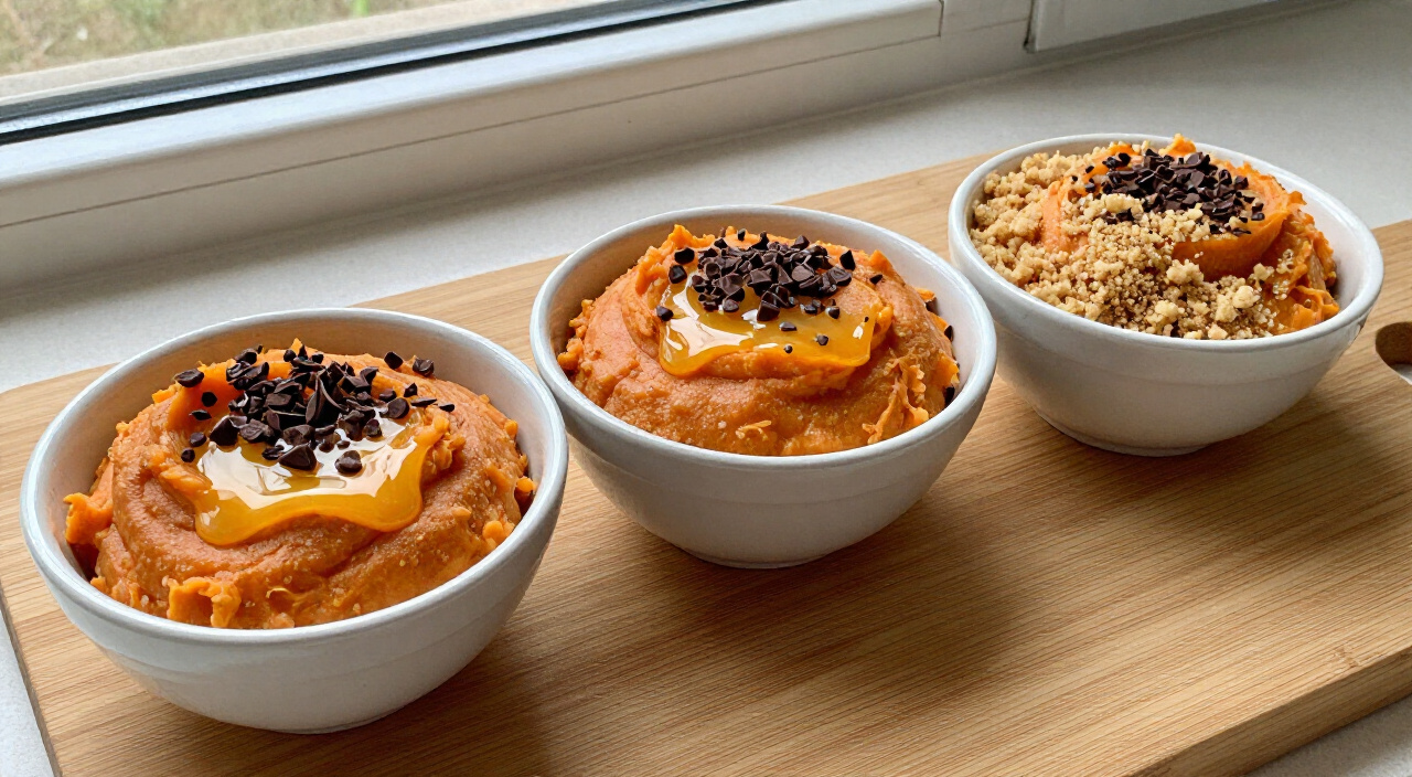 Mashed sweet potato, melted butter, chopped bittersweet chocolate and light brown sugar on a wooden cutting board