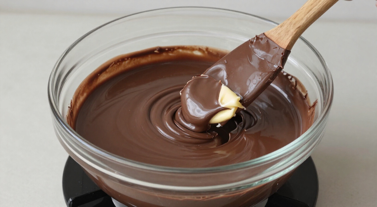 melted chocolate and butter in a glass bowl over a saucepan with a spatula