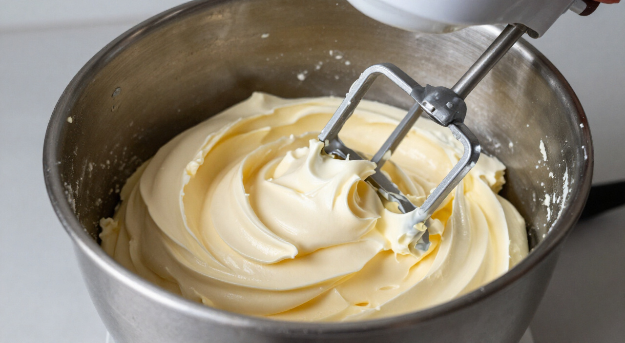 Pale whipped butter in a stand mixer bowl with the paddle resting on the rim