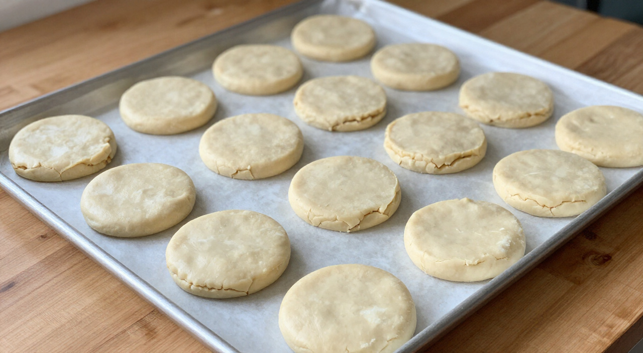 Raw flattened shortbread dough rounds in rows on a parchment-lined baking sheet