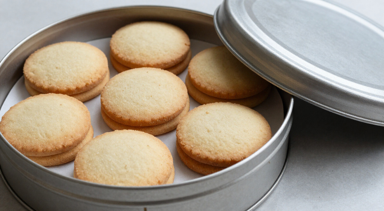 shortbread cookies layered with parchment in an open metal cookie tin