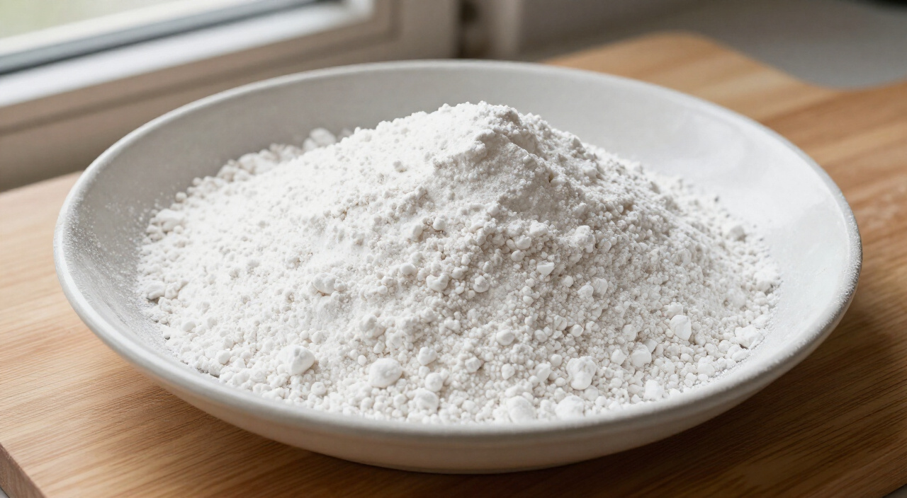 sifted powdered sugar in a shallow saucer on a wooden cutting board