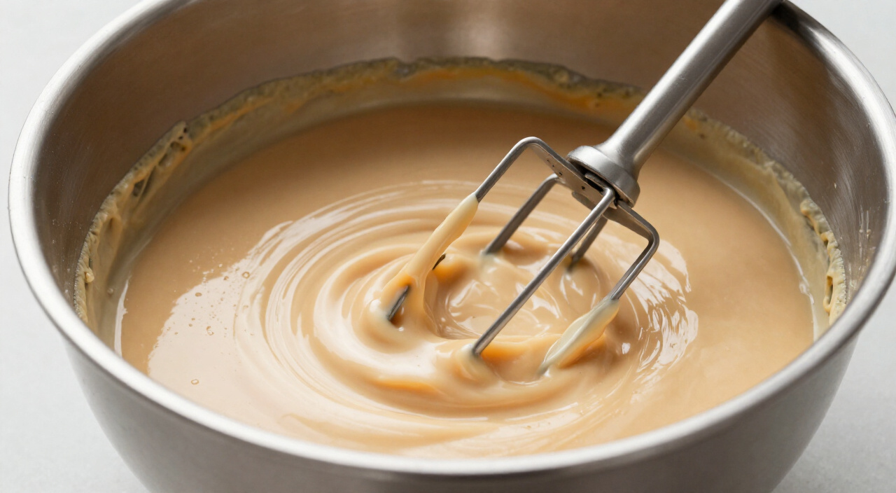 smooth glossy creamed batter in a mixing bowl after adding eggs