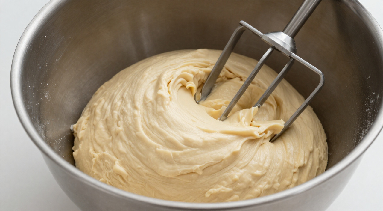 Soft pale shortbread dough gathered in a mixer bowl beside the paddle