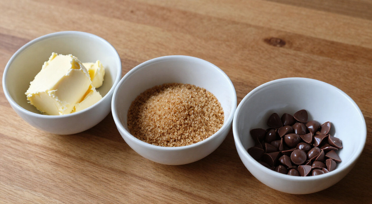 softened butter, brown sugar and chocolate chips in small bowls for a cookie cake