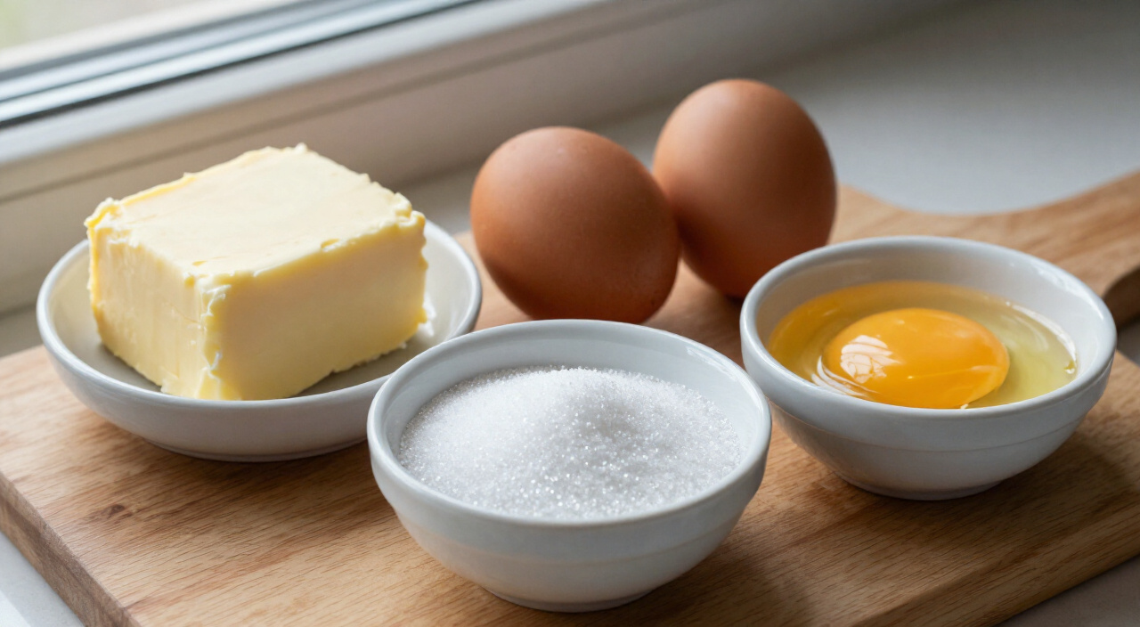 Softened butter, light brown sugar, granulated sugar, an egg and an egg yolk on a wooden cutting board
