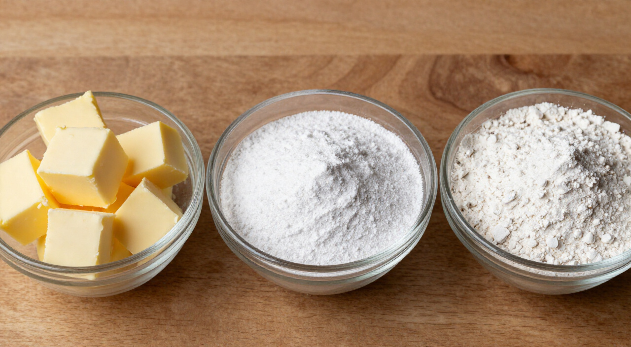 softened butter, powdered sugar and flour in three bowls for sturdy shortbread cookies for packaging