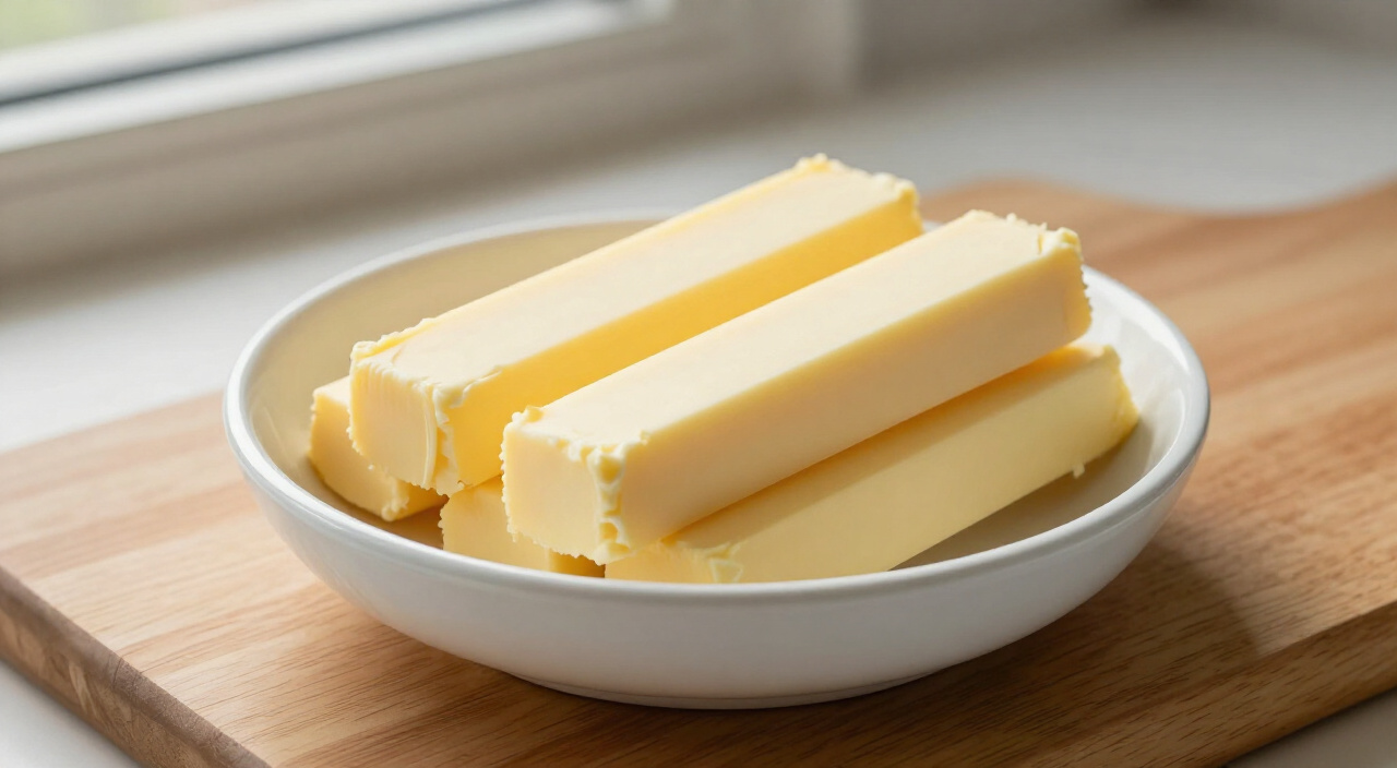 softened salted butter sticks in a white bowl on a wooden cutting board