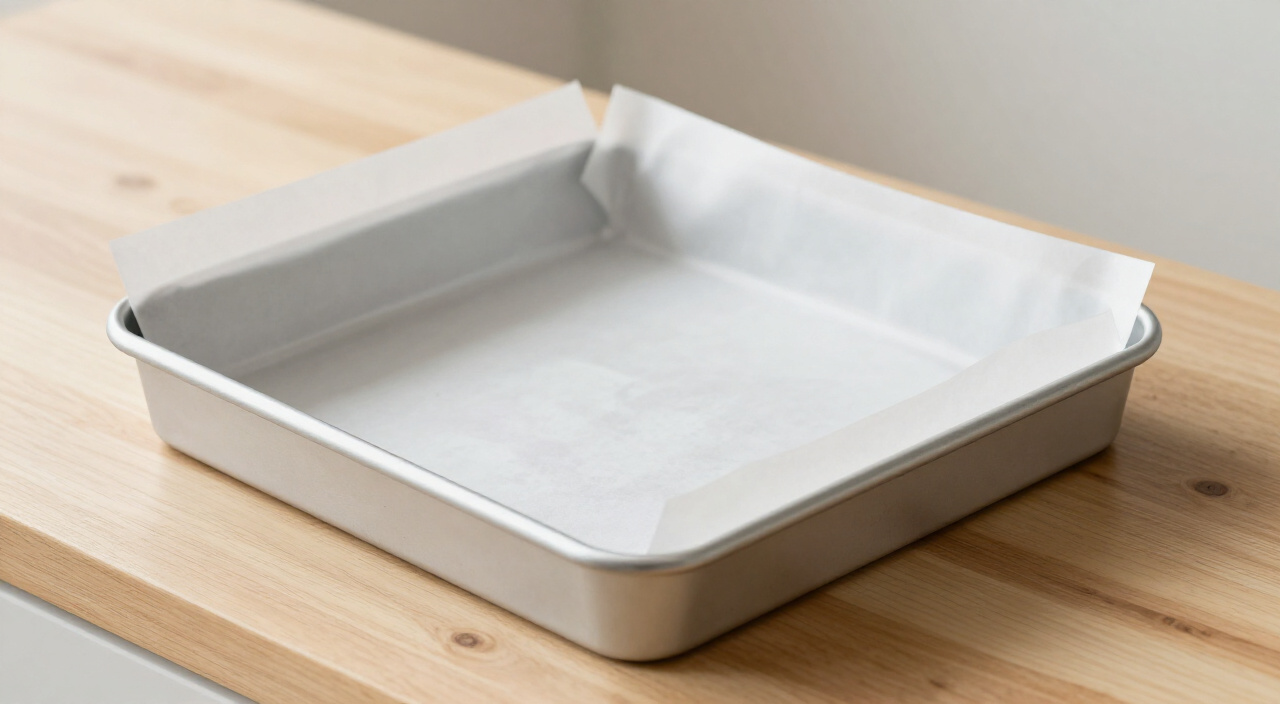 square metal baking pan lined with parchment paper overhanging two sides