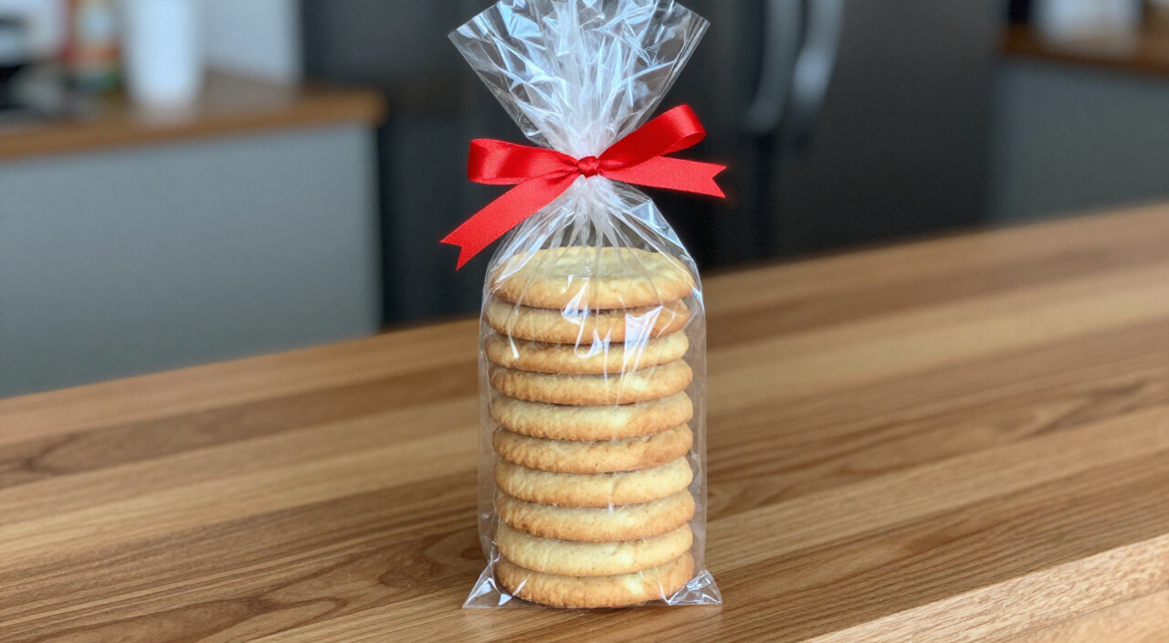 Stack of shortbread cookies in a clear cellophane bag tied with a red ribbon