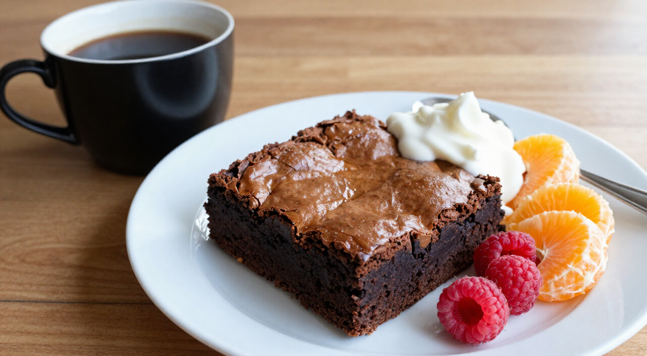 Sweet potato brownie on a plate with raspberries, lemon Greek yogurt, orange segments and black coffee