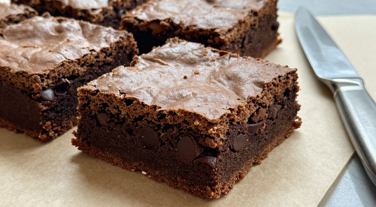 sweet potato brownies cut into squares showing a fudgy center with chocolate chips