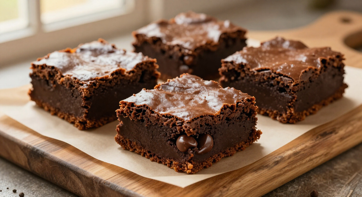 Fudgy sweet potato brownies with shiny crackly tops sliced into squares on parchment, chocolate chips visible