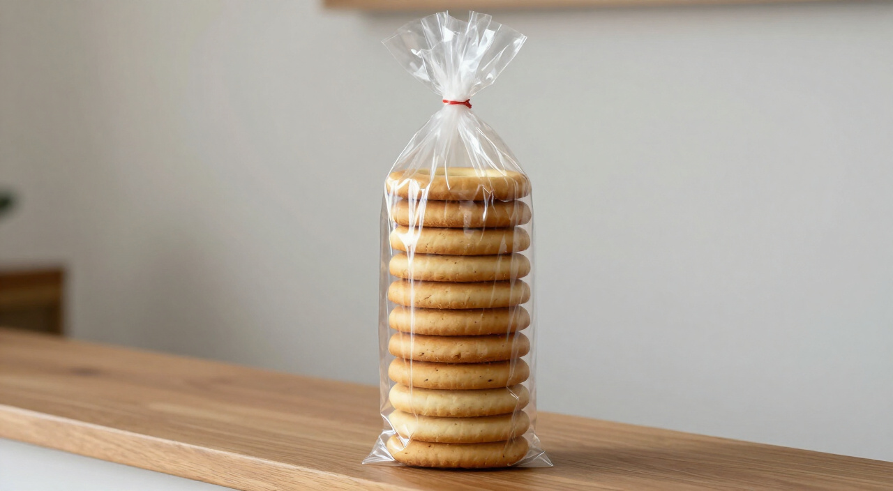 tall stack of even shortbread cookies tied in a clear cellophane bag