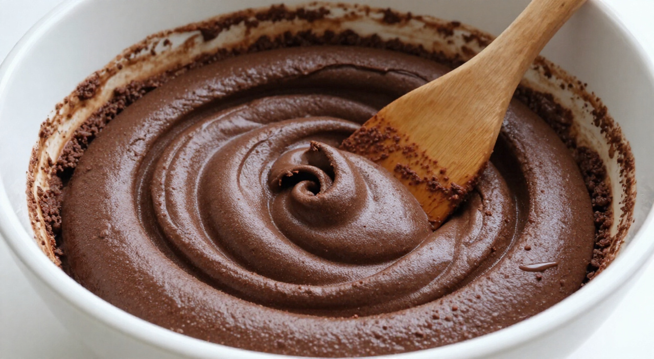 thick fudgy chocolate brownie batter in a mixing bowl with a rubber spatula