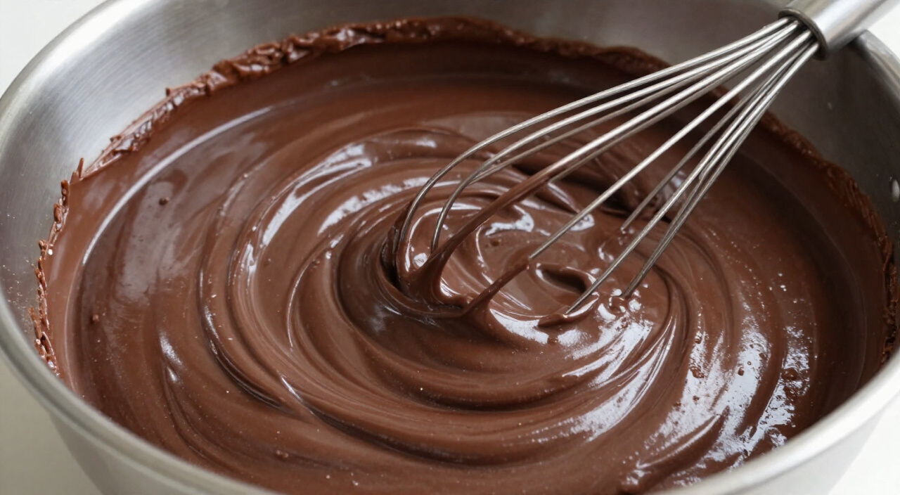 thick smooth dark chocolate and sweet potato mixture in a bowl with a whisk