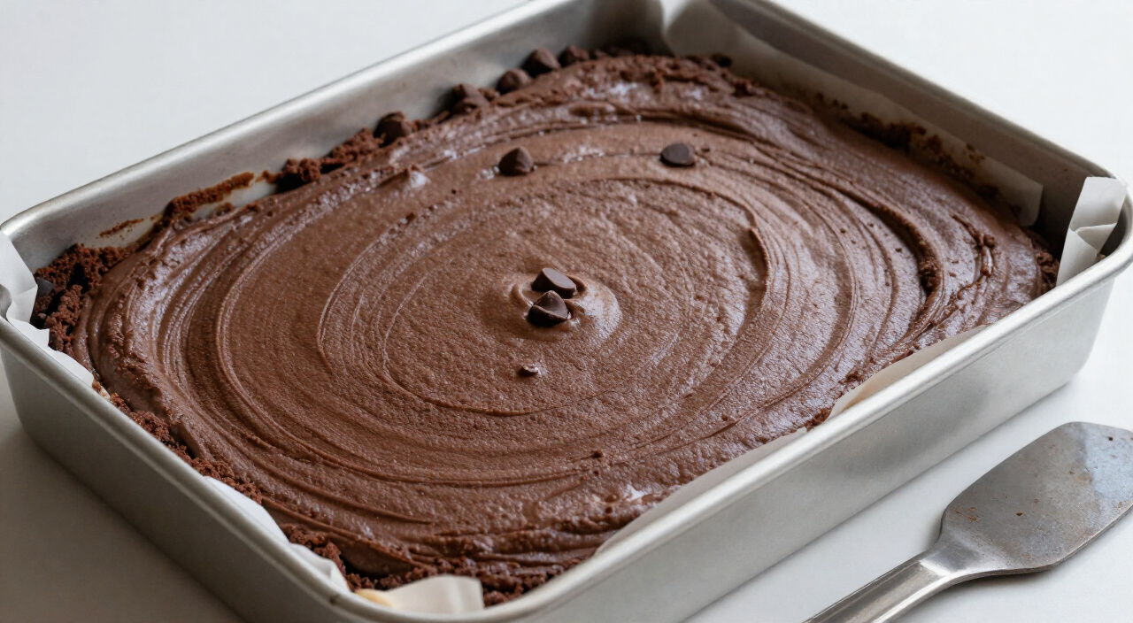 unbaked sweet potato brownie batter spread evenly in a parchment-lined square pan