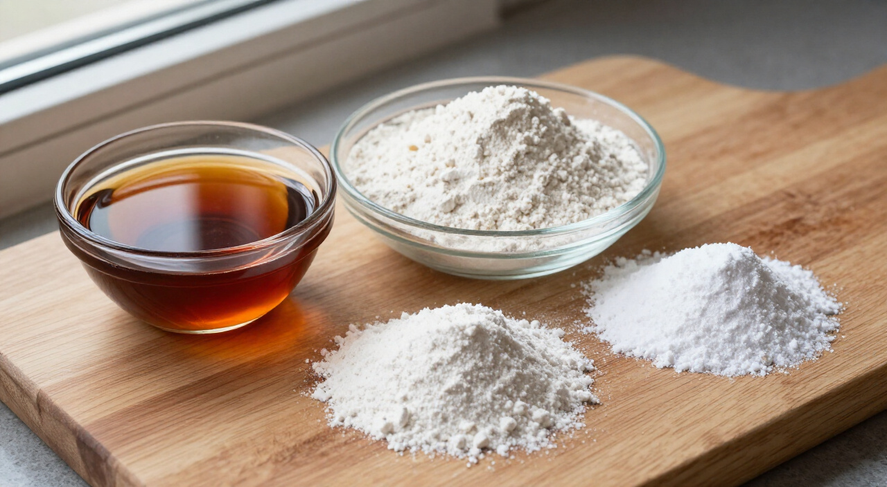 Vanilla extract, all-purpose flour, cornstarch and baking soda on a wooden cutting board