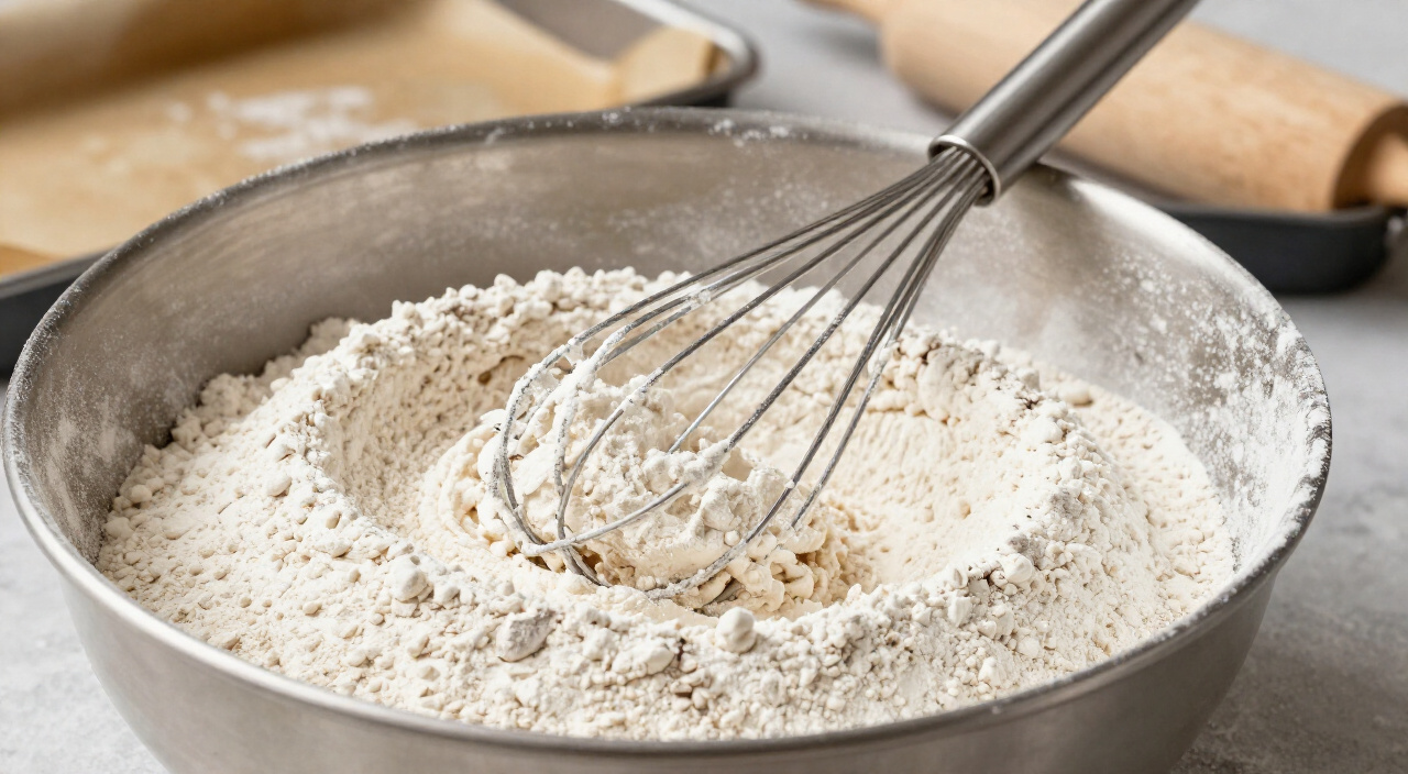 whisked flour mixture in a bowl beside a parchment-lined round pan